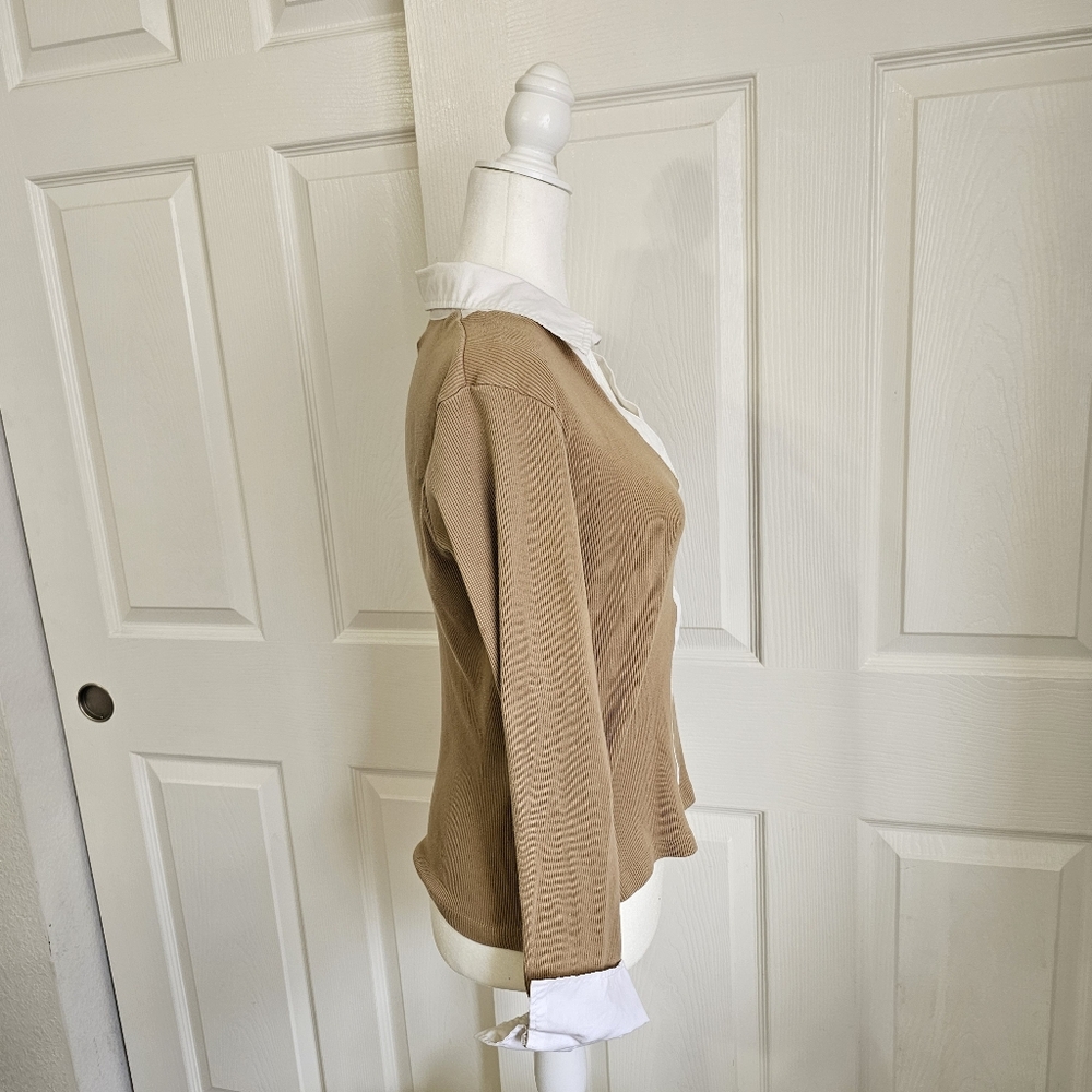 Women's Long Sleeve Collared White and Tan Top MEDIUM - Picture 2 of 4